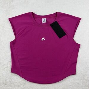 Alphalete Velocity Women's‎ M Cropped Workout Top Pink Gym Athletic Tee Raw Hem